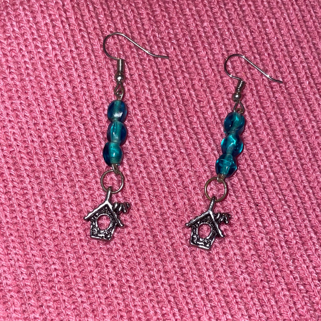 Silver Birdhouse Earrings With Blue Beads